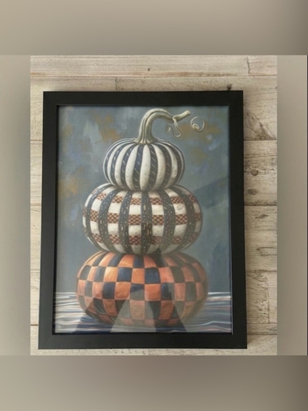 White and black checkered stacked pumpkins framed 8x10” print #halloween #autumn